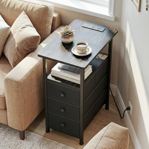 AMHANCIBLE End Tables Living Room with Charging Station, Narrow Side Table with USB Ports and Outlets, Slim Nightstand with 3 Fabric Drawers for Bedroom, Small Space, Black, HETN013BK-1 - color: Black, style: Power