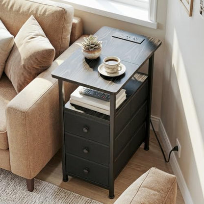 AMHANCIBLE End Tables Living Room with Charging Station, Narrow Side Table with USB Ports and Outlets, Slim Nightstand with 3 Fabric Drawers for Bedroom, Small Space, Black, HETN013BK-1 - color: Black, style: Power