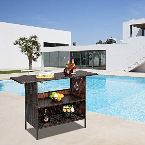 54.7" Patio Wicker Sideboard Buffet Cabinet Prep Table,All Weather Patio Rattan Wicker Bar Table,Outdoor Patio Bar Table,with Storage Shelves,for Party Porch Backyard Garden Poolside (Brown)