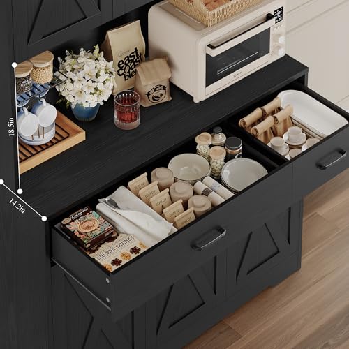 HOSTACK 71" Pantry Cabinet with Charging Station, Tall Kitchen Pantry Storage Cabinet with Microwave Stand, Farmhouse Kitchen Hutch with Storage Drawers for Living Room, Dining Room, Black Wood Grain - color: Black Wood Grain