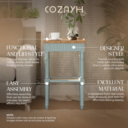 COZAYH End Table - Rustic Farmhouse Accent Table - Tray Top, Pale Mint Blue | Engineered Wood, 17 x 13 x 28.25 in, 35 lb Capacity, Rectangular Shape, Distressed Finish, Wicker Shelf, No Assembly Required - color: Mint, size: 1-Pack
