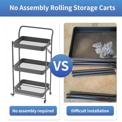 JAQ No Assembly Foldable Rolling Cart, 3 Tier Black Metal Folding Utility Cart with Handle, Heavy Duty Mobile Storage Organizer on Wheels for Office, Garage, Tools & Kitchen (Black) - color: Black/3-tier