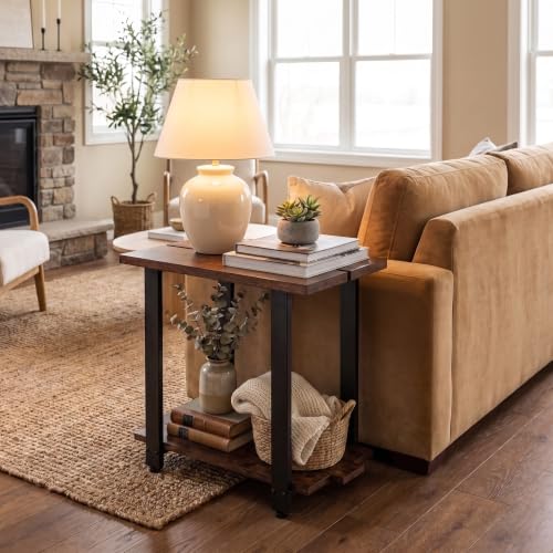 Transitional Narrow End Table, Rustic Brown | 2-Tier, Storage Shelves, Modern Farmhouse Industrial Nightstand, For Living Room, Bedroom, Small Spaces, Couch - color: Rustic Brown