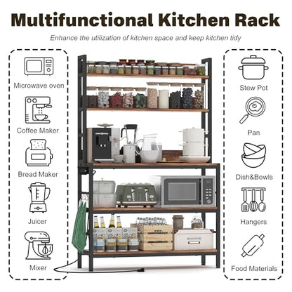 Kitchen Baker’s Rack with Power Outlet, 5-Tier Free Standing Storage Shelf Rack with Hooks, Kitchen Shelves with Storage,Industrial Microwave Stand Shelf for Dining Room,Coffee Bar for Spaces - size: with power outlet