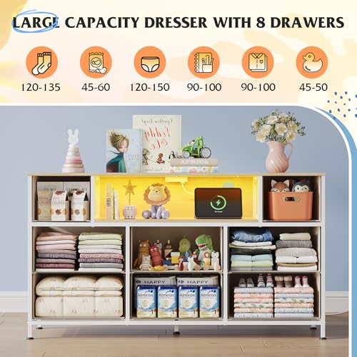 WLIVE Dresser TV Stand for 45, 50, 55 inch TV, Entertainment Center with LED Lights & Charging Station, Chest of Drawers with 8 Fabric Drawers and Open Shelves for Living Room, Hallway, Cream White - color: Cream White