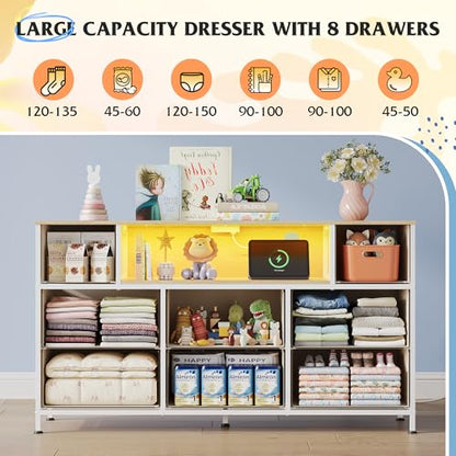 WLIVE Dresser TV Stand for 45, 50, 55 inch TV, Entertainment Center with LED Lights & Charging Station, Chest of Drawers with 8 Fabric Drawers and Open Shelves for Living Room, Hallway, Cream White - color: Cream White