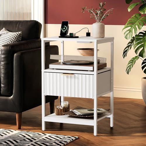 VINGLI Nightstands Set of 2 with Fabric Drawer, White Nightstands with Charging Station, Fluted Night Stand/Bedside Table, Small Night Stand for Bedroom, Bed Side Table with Charging Station, 2 pcs - color: White, size: 15"W-1 Drawer 2 Shelf