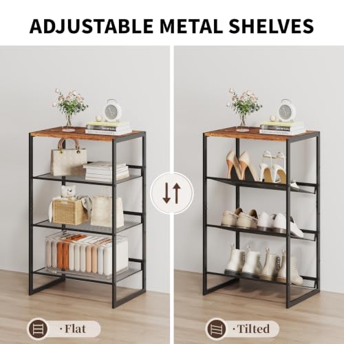 4 Tier Metal Shoe Rack, Sturdy Steel Frame with Rust-Proof Coating, MDF Top, Adjustable Flat Inclined Mesh Shelves, Anti-Tip Scratch-Resistant Feet, Sleek Show Rack for Entryway, Hallway, Garage - size: 4 Tier (16.5″x11.8″x27.8″)