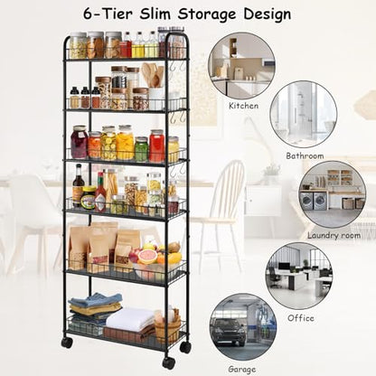 6-Tier Slim Rolling Storage Cart with Wheels, Tall Narrow Storage Shelves for Small Spaces, Metal Utility Cart Mobile Shelving Unit on Wheels for Kitchen, Bathroom, Office - size: 6 in Wide