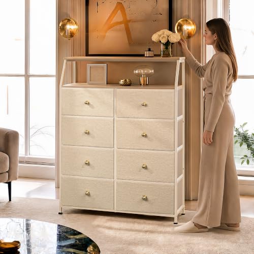 WLIVE Bouclé Dresser for Bedroom, 8 Drawer Fabric Storage Tower Chest,Beige | Premium Bouclé Fabric Dresser, Storage Tower with Open Shelf,Easy Assembly Dresser - color: Beige, style: Raised Shelves