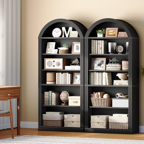 RALGEND Arched Bookshelf, 75.8" Tall Arch Bookcase with Storage, 6-Tier Farmhouse Book Shelf, Arched Cabinet, Wooden Bookshelf with Open Display Shelves, Adjustable Shelf, Office, Black - color: Black, size: 31.4"L x 11.8"W x 75.8"H