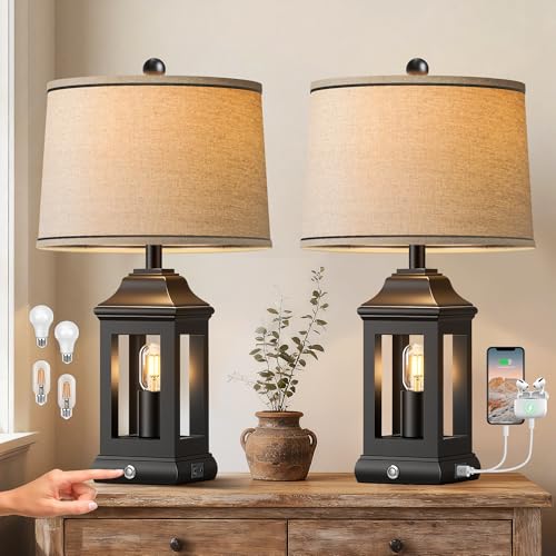 24" Rustic Farmhouse Table Lamps for Living Room Set of 2, Touch Dimmable Nightlight Vintage Bedside Lamps with USB A+C Ports & Dual Light Sources for Bedroom Nightstand End Table, Matte Black - color: Matte Black-Set of 2