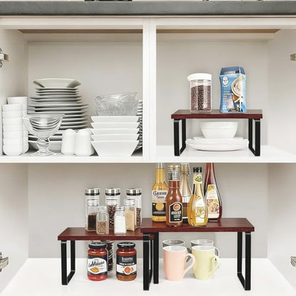 2-Pack Expandable Stackable Cabinet Shelf, Metal and Wood, (Brown) - color: Brown