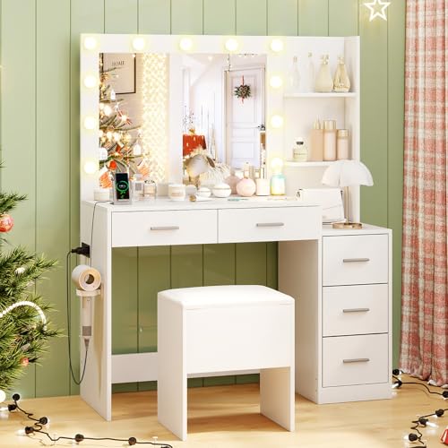 CHARMAID Vanity Desk with Mirror and Lights, White Makeup Vanity Desk with Charging Station, 5 Drawers & 2 Shelves, Storage Stool, 3 Color Lighting Modes, Modern Dressing Table for Bedroom - color: White, size: 43.5"W