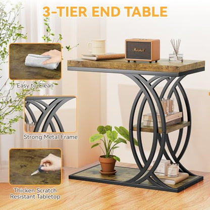 C Shaped End Table, Bed Side Table, 3-Tier Side Table with Metal Frame, Wood End Table with Storage for Living Room, Couch, Sofa, Bedroom, Easy Assembly, 23.6" D*11.8" W*23.6" H, Rustic Brown