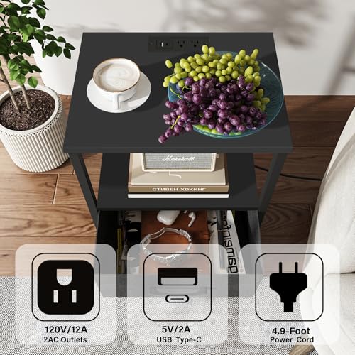 TUTOTAK LED Nightstand Set of 2, Night Stand with Charging Station, End Table, Bedside Table with Fabric Drawer, Side Table for Livingroom and Bedroom, Black TB01BK0692L - color: Black, style: Plug&LED