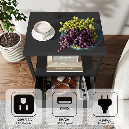 TUTOTAK LED Nightstand Set of 2, Night Stand with Charging Station, End Table, Bedside Table with Fabric Drawer, Side Table for Livingroom and Bedroom, Black TB01BK0692L - color: Black, style: Plug&LED