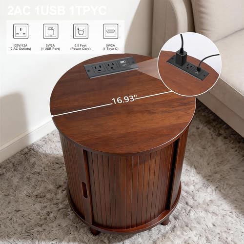 DHH Round End Table with Storage & Charging Station, Fluted Accent Side Table with Sliding Door & Adjustable Shelf, Mid-Century Nightstand for Small Spaces, Living Room, Bedroom (1, Walnut) - color: Walnut