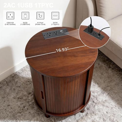 DHH Round End Table with Storage & Charging Station, Fluted Accent Side Table with Sliding Door & Adjustable Shelf, Mid-Century Nightstand for Small Spaces, Living Room, Bedroom (1, Walnut) - color: Walnut