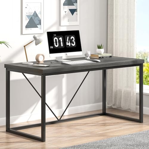 EXCEFUR Modern Home Office Desk, Wood and Metal Computer Desk, Industrial Writing Study Gaming Table for Living Room Bedroom, Rustic Grey, 53 inch - color: Grey, size: 53 inch