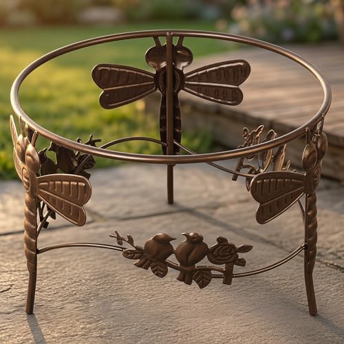 Topadorn Dragonfly & Bird Gazing Ball Stand, 6" Tall Metal Holder for 10" / 12" Globes, Powder-Coated Steel Garden Decor - color: Dragonflies&Birds