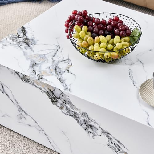 39" Rectangular Compact Coffee Table,Small Cube End Table,Modern Side Table with Stylish Faux Marble Pattern,Minimalist Accent Table for Living Room,Office,Apartment,Nightstand(White,39") - color: White,39"