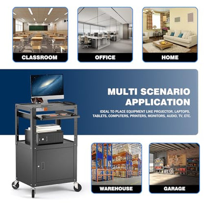 POCHAR Steel Large AV Cart with Locking Cabinet - Adjustable Height Media Carts with Wheels, Pullout Tray, Power Strip for Mobile Work Station - Rolling Computer Cart for Office Classroom Presentation - style: Locking Cabinet with Keyboard Tray (AV-G)