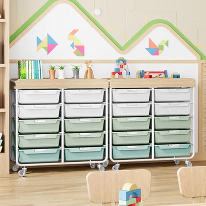10-Drawer Rolling Cart, Art Cart with Wood Top & Side Handle, Multi-Purpose Craft Organizers and Storage with Lockable Wheels for Classroom, Dormitory, Craft Room and Art Supplies Organization(Green)