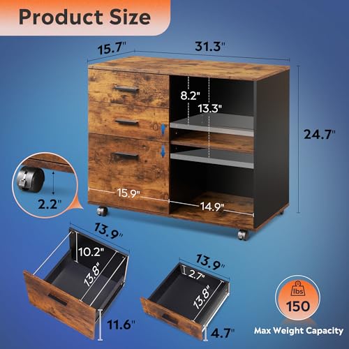 DEVAISE 3-Drawer Mobile File Cabinet, Lateral Filing Cabinet, Rustic Brown | Wood, Rolling Printer Stand, Under Desk Storage, Open Shelves, Fits Letter & A4 File, Home Office - color: Rustic Brown, style: Modern