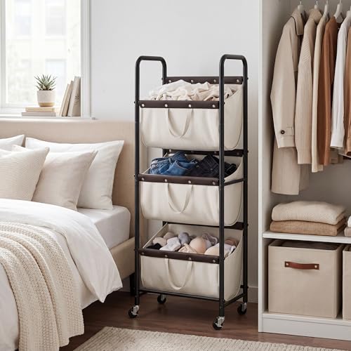 GRANNY SAYS 3 Tiered Laundry Sorter, Narrow Hamper Cart with Wheels, Beige - color: Beige