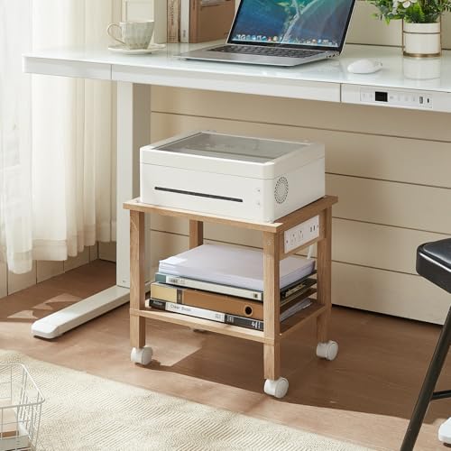 YUFAM 2 Tier Under Desk Printer Stand with Charging Station, Natural | Wooden Small Printer Table for Home Office, Rolling Printer Cart Shelf with Lockable Wheels - color: Wood, size: 11.8"D×15.7"W×15.3"H(With USB)