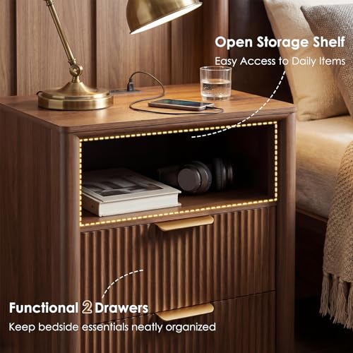 LYNCOHOME 19.7" Fluted Nightstand with Charging Station, 2 Drawer Bedside Table, Modern Night Stand with Curved Edge Design, Wooden End Table for Bedroom, Rounded Night Stand with Storage, Walnut - size: 15"D x 19.7"W x 24.2"H（2 Drawers）