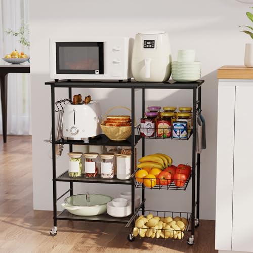 HapiRm Rolling Kitchen Microwave Cart - 4 Tier Microwave Table Stand with Pull-Out Baskets, Coffee Bar Baker's Rack with Wheels Rolling Storage Cart Organizer Shelf for Living Room Office, Balcony - color: Black-xl