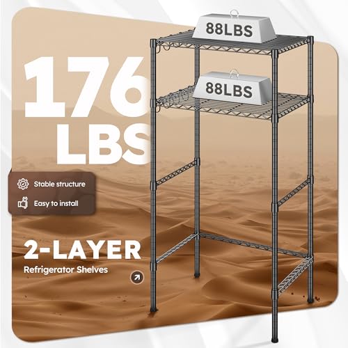 REIBII Mini Fridge Shelf with Storage, 2-Tier Adjustable Metal Shelving Unit with 8 Hooks,176 LBS Heavy Duty Organizer Rack for Dorm Room,Apartment, Kitchen and Office,52.36" H x 26.38" W x 18.1" D - size: 26.38Wx18.1Dx52.36H