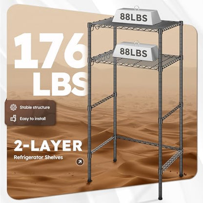 REIBII Mini Fridge Shelf with Storage, 2-Tier Adjustable Metal Shelving Unit with 8 Hooks,176 LBS Heavy Duty Organizer Rack for Dorm Room,Apartment, Kitchen and Office,52.36" H x 26.38" W x 18.1" D - size: 26.38Wx18.1Dx52.36H