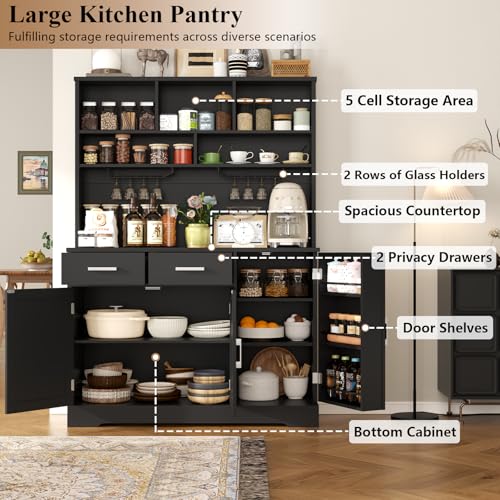 Tall Pantry Cabinet, Modern Kitchen Hutch with Microwave Stand, Kitchen Pantry Storage Cabinet with 2 Darwers & Door Shelf, Food Pantry with Goblet Holders & Adjustable Shelves for Dining Room, Black - color: Black-goblet Holders
