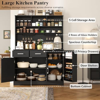 Tall Pantry Cabinet, Modern Kitchen Hutch with Microwave Stand, Kitchen Pantry Storage Cabinet with 2 Darwers & Door Shelf, Food Pantry with Goblet Holders & Adjustable Shelves for Dining Room, Black - color: Black-goblet Holders
