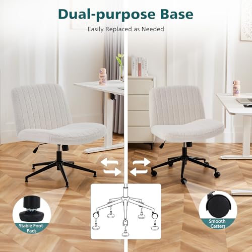 OLIXIS Criss Cross Office Chair, Vanity Chair, Home Office Desk | Wide Seat, Height Adjustable, Comfy Teddy Fleece, Armless No Wheels, Bedroom, Study Room, Beige Wheel Teddy - color: Beige Wheel Teddy