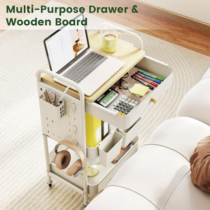 danpinera Rolling Utility Cart with Drawer, 3 Tier Rolling Cart with Wheels, Hooks & Hanging Cups, Craft Cart Art Cart Snack Cart Rolling Storage Cart with Wooden Table Top & DIY Pegboards, White