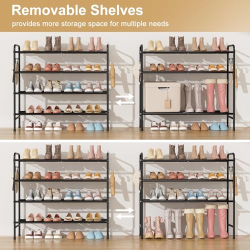 VILICK 4-Tier Shoe Rack 33" Wide Metal Shoe Organizer Long Shoe Storage with 4 Side Hooks Sturdy Shoes Shelf for Closet, Front Door Entrance, Garage, Dorm, Black - size: 4-Tier (11"x 33"x 30.5")