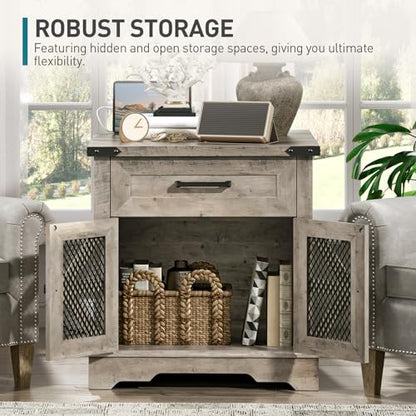 RALGEND Farmhouse End Table with Charging Station, 24" Large Sofa Side Table with Drawer, Large End Table for Living Room, Wooden Nightstand with Outlet, Square, Greige - color: Greige