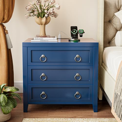Huuger Paint Night Stand with Charger Station, 3 Drawer Nightstand Set of 2 | Larger Wider Bedside Table with USB-C Port, Modern End Table, for Bedroom, Living Room, Blue Nightstand - color: Blue