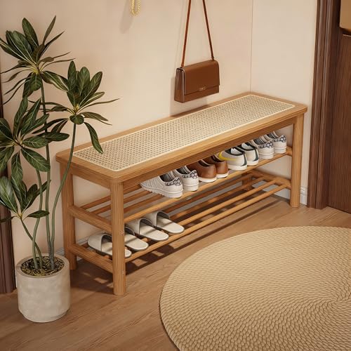SOBIBO Bamboo Shoe Rack Bench with Rattan Seat, 3-Tier Shoe Storage Bench, Entryway Bench for Hallway,Nature-39.4 inches - color: Nature, size: 39.4 inch