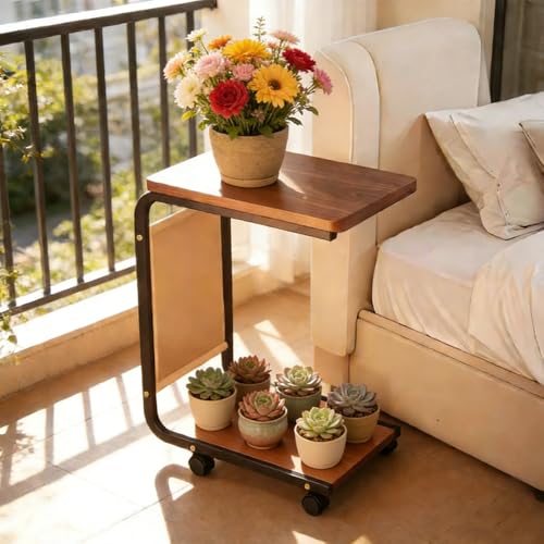 Side Table - C-Shaped End Table, Small Side Table for Couch, Sofa Bed Bathroom Study TV Tray C Shaped End Table Food Snack Trays for Eating (with Wheels) - style: With Wheels