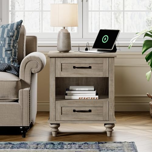 WAMPAT Side Table Nightstand with Charging Station, Farmhouse End Table with Drawer & Shelf for Living Room, Retro Night Stand Light Wood Bedside Table for Bedroom, Grey - color: Grey