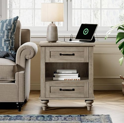 WAMPAT Side Table Nightstand with Charging Station, Farmhouse End Table with Drawer & Shelf for Living Room, Retro Night Stand Light Wood Bedside Table for Bedroom, Grey - color: Grey