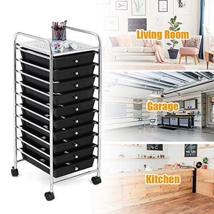 BETTARY Office Rolling Storage Cart with 10 Drawer, Scrapbook Paper Office School Organizer with Lockable Casters, Multipurpose Mobile Storage Cart for Supermarket, School, Office, Home (Black)