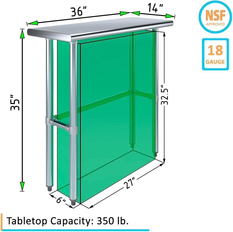 36" x 14" Open Base Stainless Steel Work Table – NSF Certified Commercial Prep Table with Galvanized Legs for Kitchens, Labs & Food Trucks - size: 36"x14"