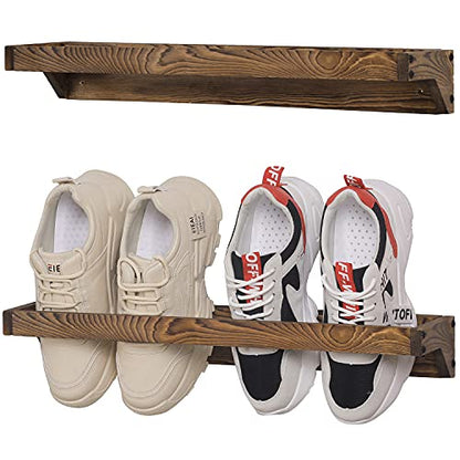 MyGift Set of 2 Solid Wooden Wall Mounted Shoe Rack Storage Organizer with Rustic Burnt Wood Finish, Hanging Footwear Holder for Closet, Mudroom, Entryway, Holds 4 Pairs - color: Rustic Burnt Brown