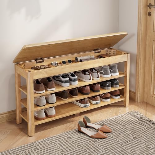IUNVR Shoe Rack Bench Seat Rubberwood 3-Tier Wooden Storage Bench 550lbs Compact Mid-Century Modern Design for Entryway, Hallway, Closet, Front Door Entrance, Foyer - color: Natural-3 Tier(wood), size: 39.4"W x 11.8"D x 20.5"H